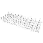Fifty white plastic cable clips with nails arranged in neat rows on a white background.