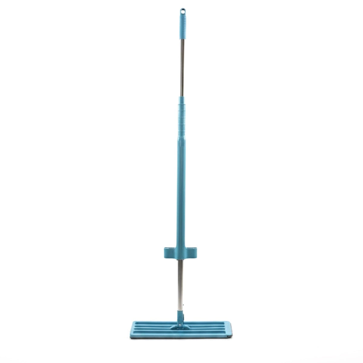 A full view of the blue and silver flat mop with a grey microfiber pad on a white background.