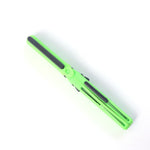 The green pen-shaped safety cutter is shown closed on a white background, highlighting its compact form.