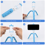Four numbered steps demonstrating how to fold, open, adjust, and use the blue and white flexible phone tripod.
