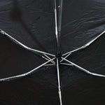 The interior of a black umbrella reveals its silver metal spokes and central mechanism.