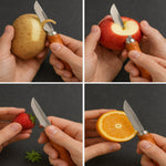 Multipurpose fruit and vegetable peeler with a comfortable wooden grip and sharp blade.