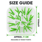 Overhead view of the white and green drying rack with dimensions indicating it is approximately 25 cm wide.