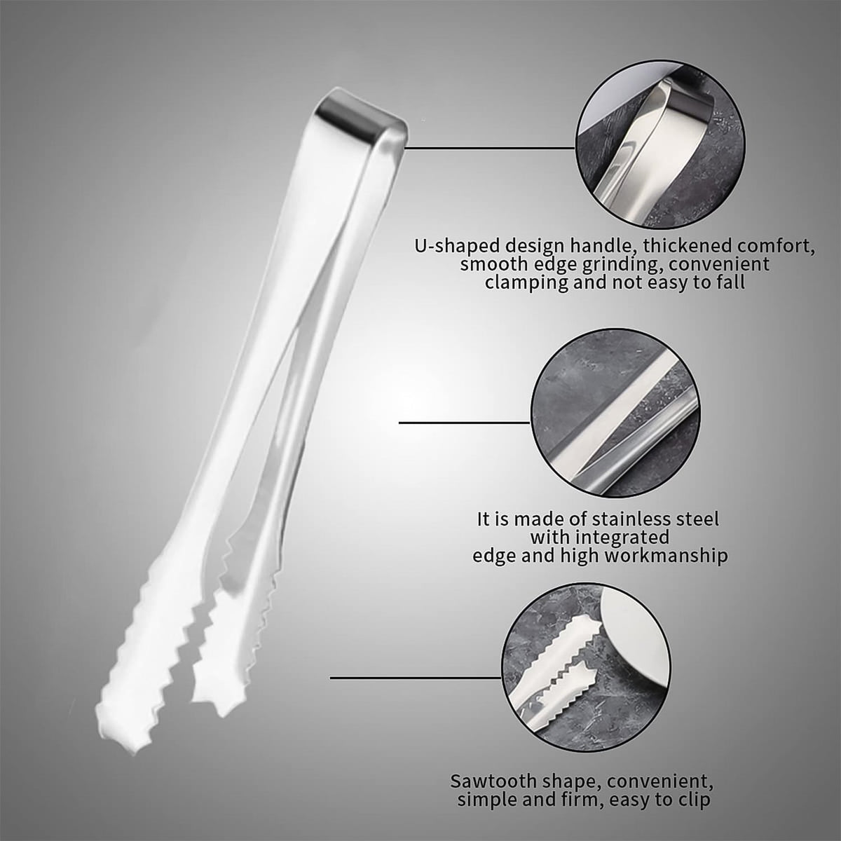 A silver tong is shown with three circular insets highlighting its U-shaped handle, integrated edge, and sawtooth shape.