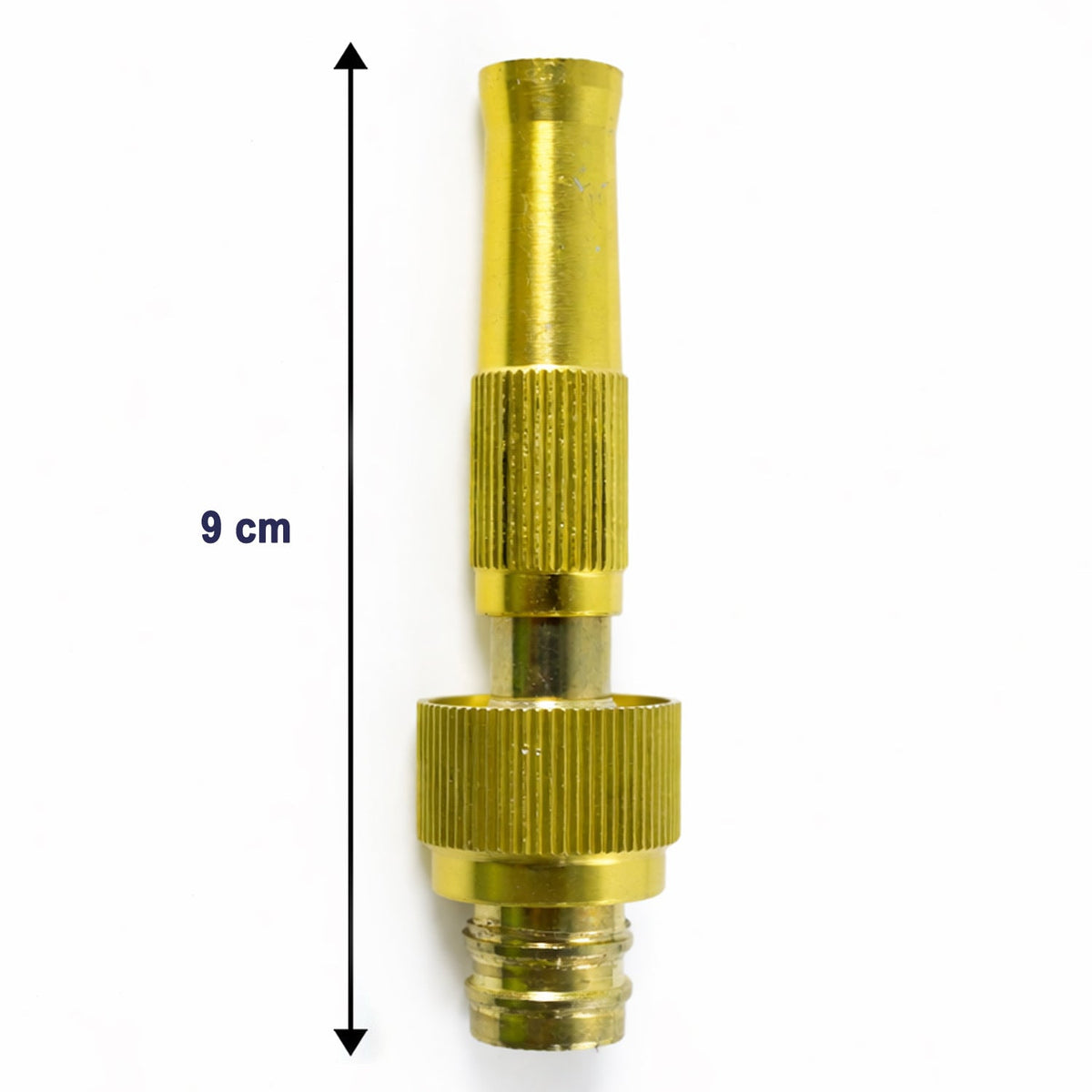 A brass hose nozzle stands upright on a white background, with a black arrow indicating its 9 cm length.