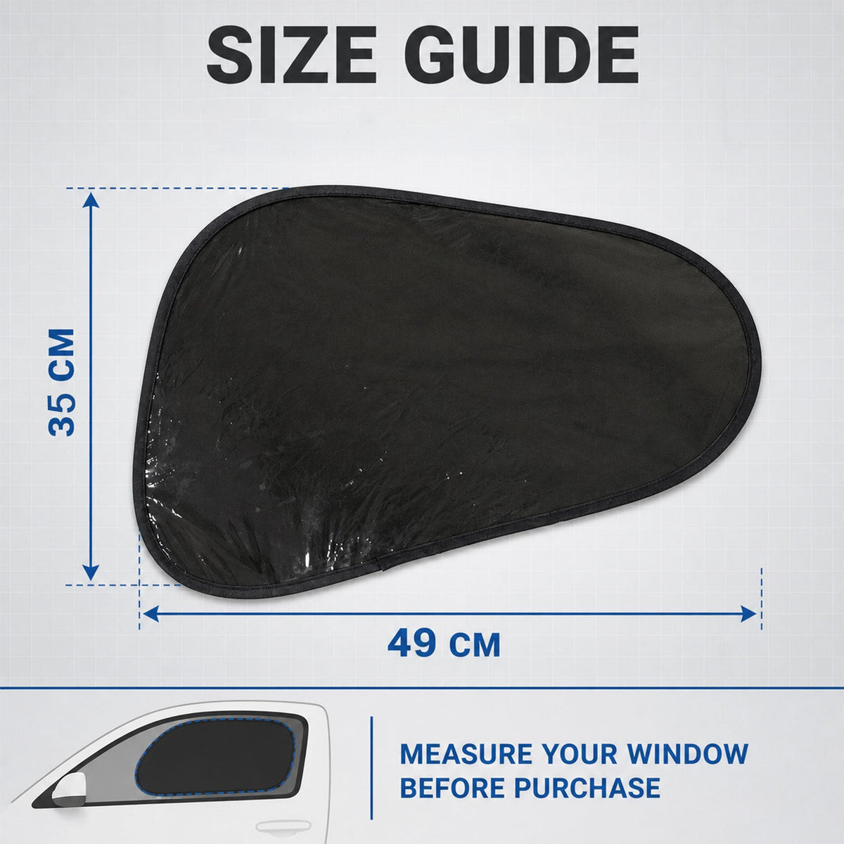 Black mesh sun shade with dimensions of 35 cm by 49 cm, and an illustration for measuring car windows.