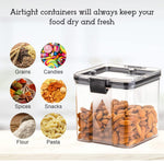 Display of 700ml square food storage containers in a four-pack, emphasizing their utility.