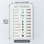 A white chore board with dimensions indicating approximately 12 cm width and 20 cm height, labeled as compact and portable.