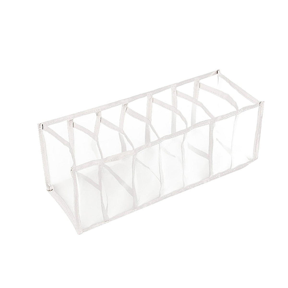 An empty white mesh organizer with seven compartments is angled on a clean white background.