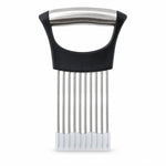 A black and silver onion holder with a white protective guard covering the prongs, centered on a white background.