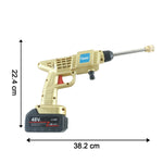 Four split images show the gold pressure washer being used for car washing, watering plants, floor cleaning, and wall