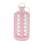 A pink ice cube bottle with a clear central section filled with ice spheres, featuring a handle and a spiral tethered cap.