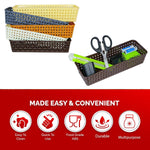 A brown basket with office supplies and a stack of colorful baskets, with five red icon descriptions below.