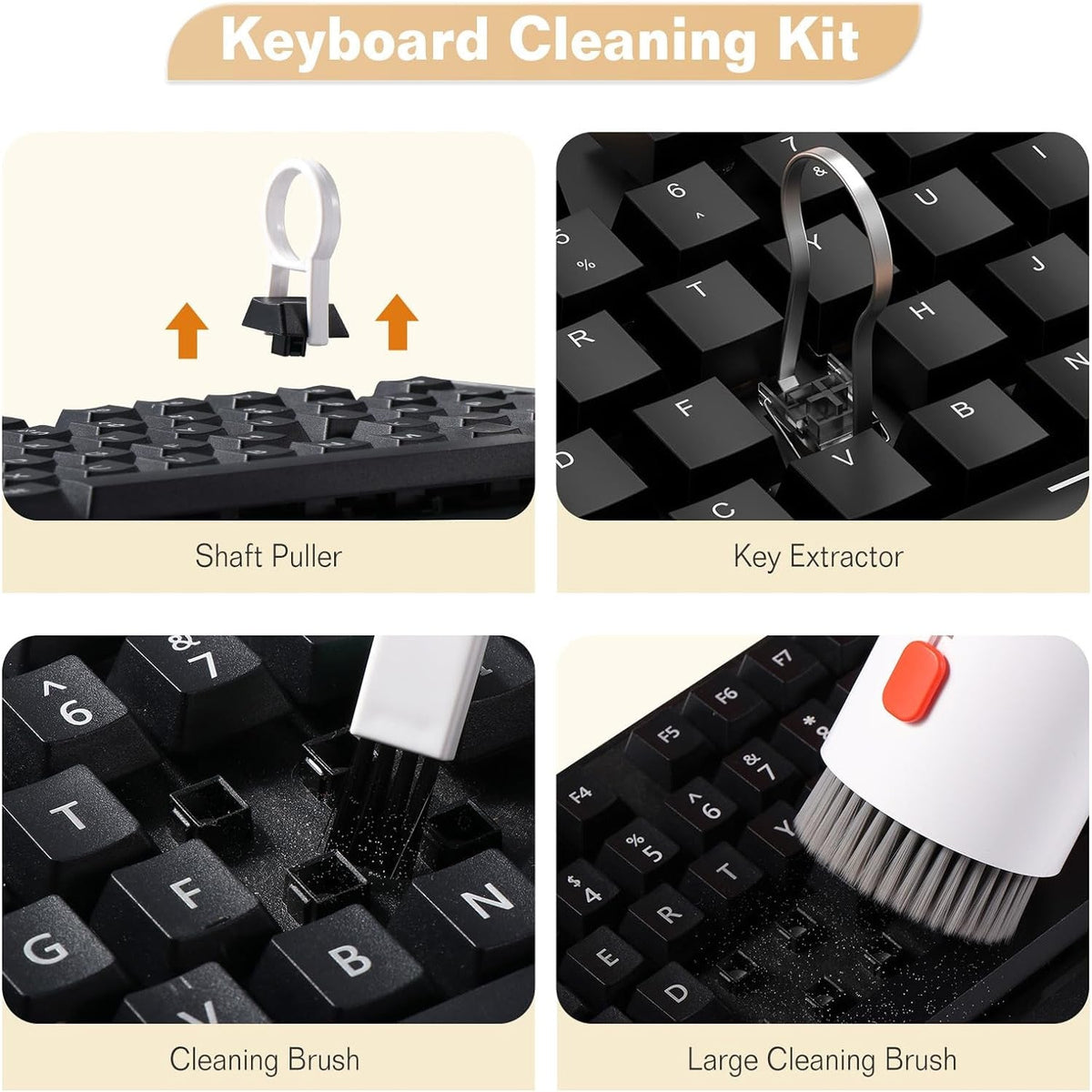 Four insets showing the keyboard cleaning kit in action, including a shaft puller, key extractor, and cleaning brushes.
