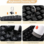 Four insets showing the keyboard cleaning kit in action, including a shaft puller, key extractor, and cleaning brushes.