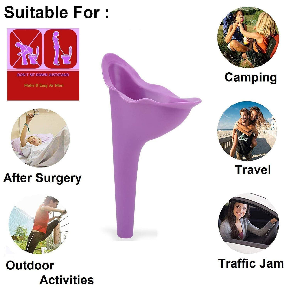 A purple silicone urination funnel is centered on a white background, surrounded by six circular icons illustrating its