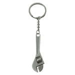 A silver metal mini adjustable wrench keychain with a key ring and chain is centered against a plain white background.