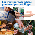 Individual silicone finger cap snugly protecting a finger from irritation.