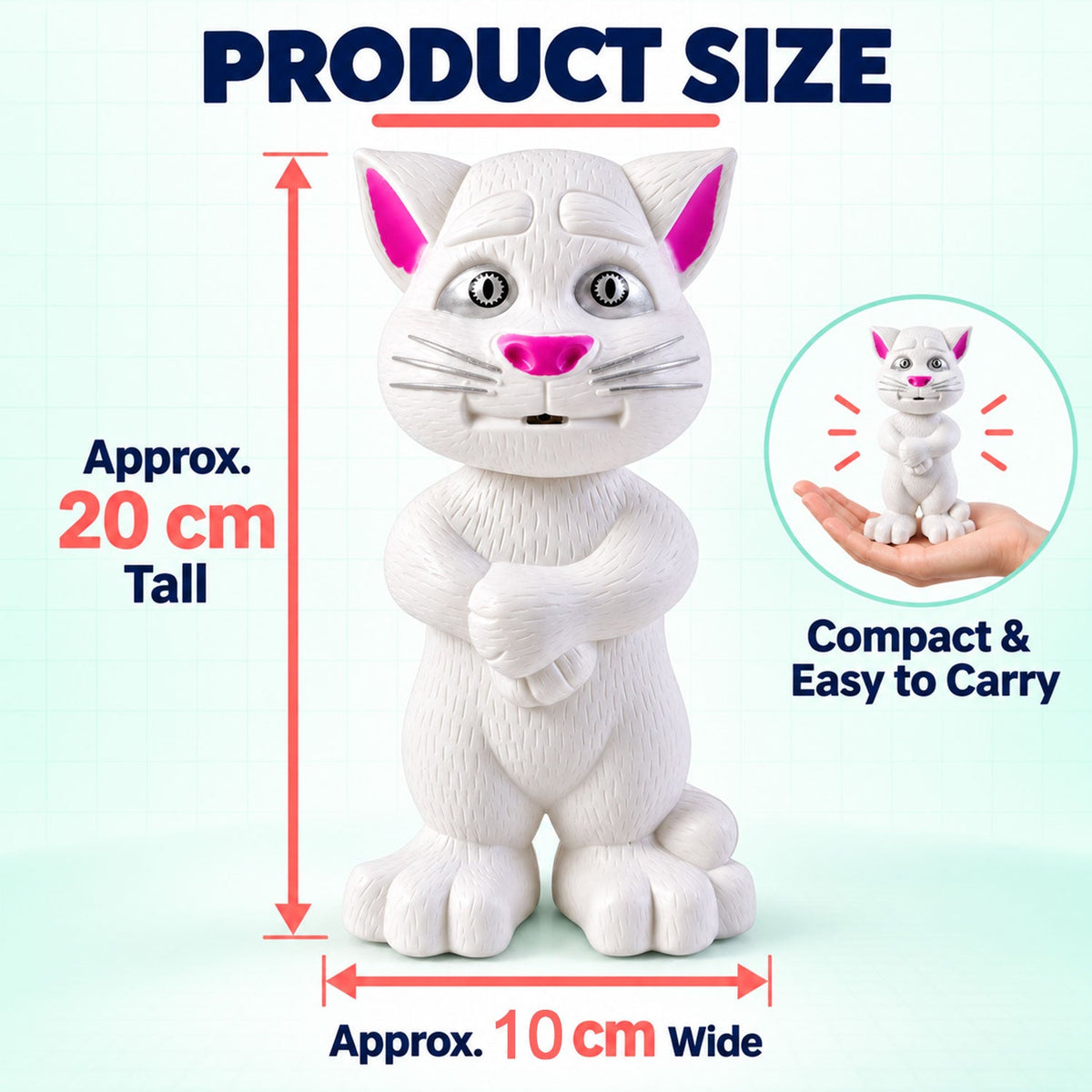 The white cat toy with pink ears and nose, displaying its approximate height of 20 cm and width of 10 cm, with a small inset