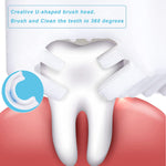A close-up diagram of a tooth being cleaned by a U-shaped brush, highlighting 360-degree cleaning.