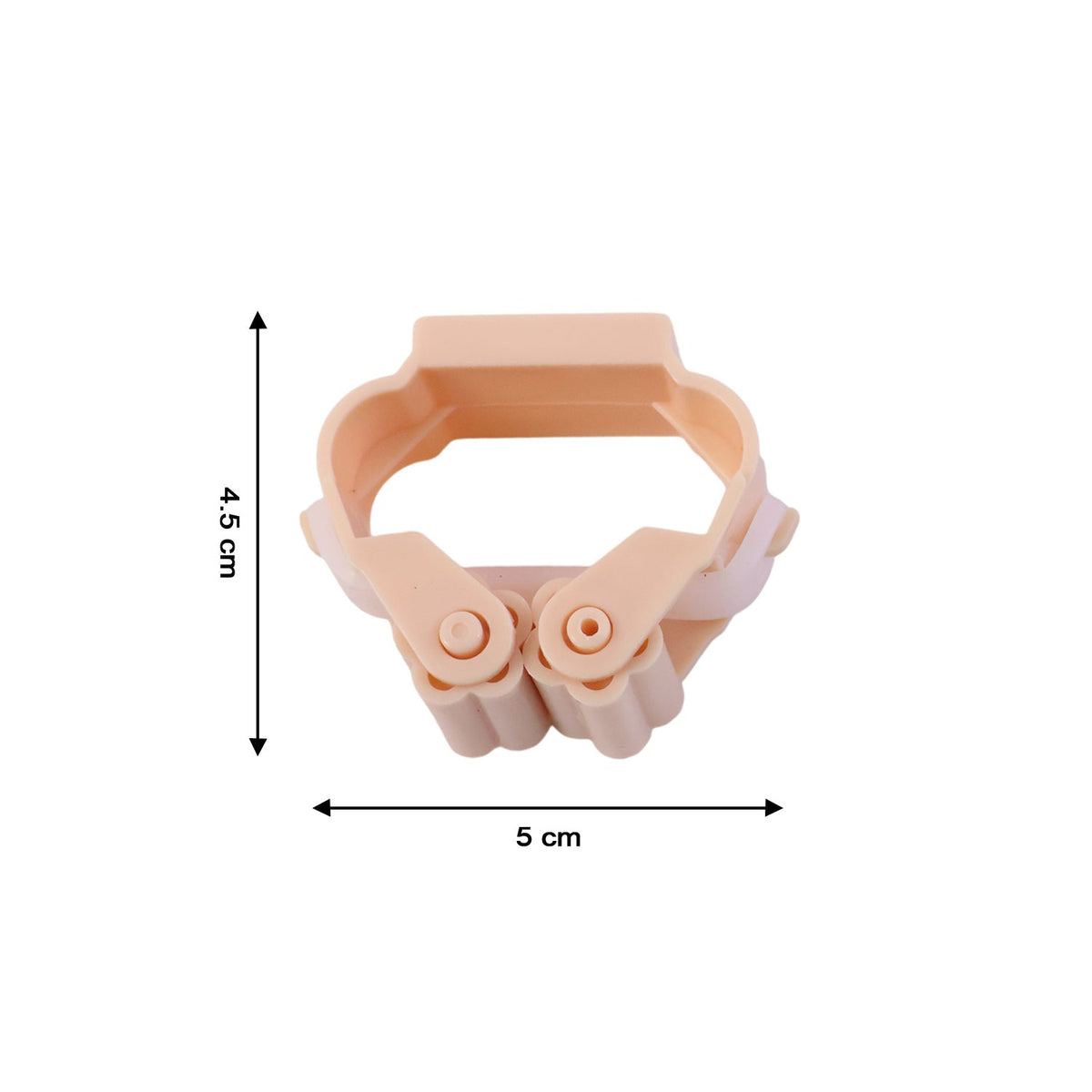 A peach-colored broom holder is shown with dimensions of 4.5 cm height and 5 cm width indicated by arrows.