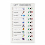 A white rectangular chore board displaying ten daily tasks with corresponding colorful icons and slider indicators.