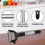 Top-down view of the dual-blade julienne vegetable peeler.