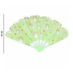 An open green plastic fan with a scalloped edge and a pattern of white bears and red apples, showing 24 cm length.