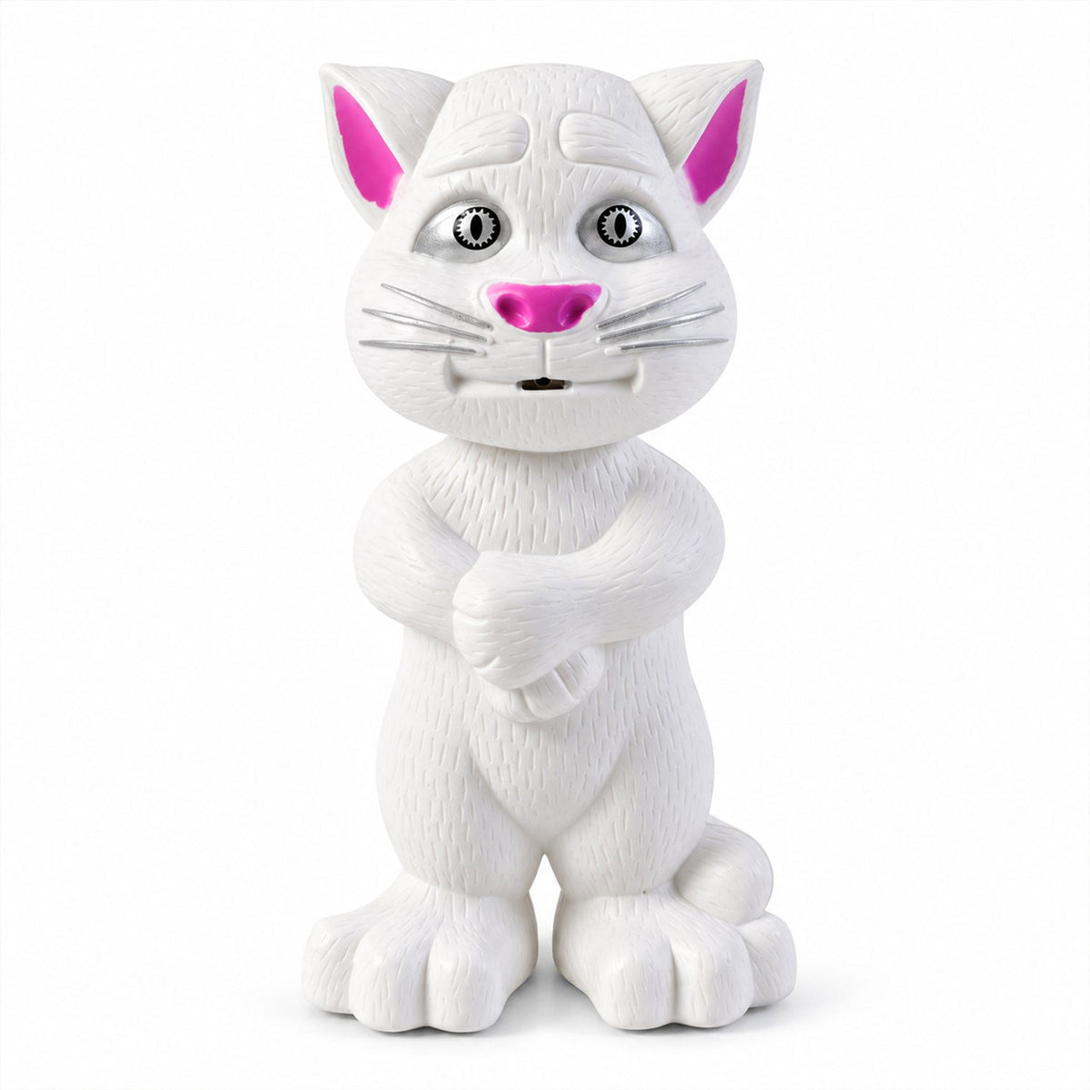 A full frontal view of the white plastic cat toy with pink ears and nose, standing on a white background.