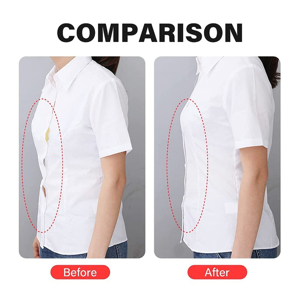 A comparison shows a woman in a white shirt, with a gap in the buttons on the left and a smooth fit on the right.
