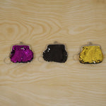 Sequined coin purse keychain showing the keyring attachment