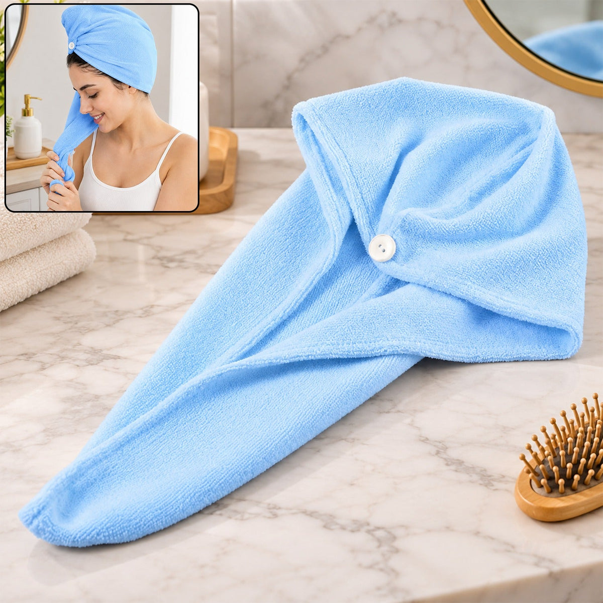 A light blue microfiber hair towel wrap with a button closure lies on a marble countertop, with a woman wearing one