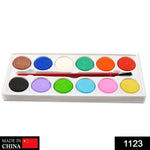 Vibrant watercolor kit featuring 12 cake shades and a single paint brush for art projects.