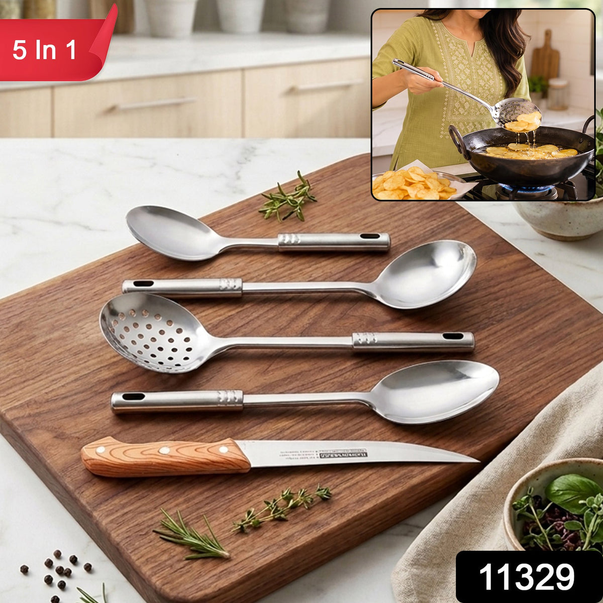A woman uses a silver slotted spoon to remove fried potato chips from a dark wok on a gas stove.