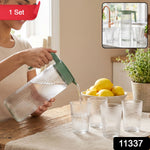 A tall, clear ribbed glass pitcher with a green handle and lid stands next to four matching tumblers on a white marble