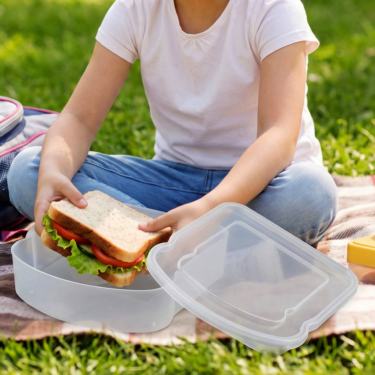 A clear plastic sandwich container with a lid is shown on a light grey background.