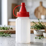 A small, empty, white ribbed plastic squeeze bottle with a red cap sits on a grey countertop with blurred greenery.