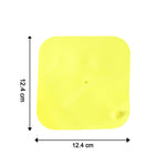 A plain bright yellow square silicone drain cover with dimensions of 12.4 cm by 12.4 cm shown on a white background.