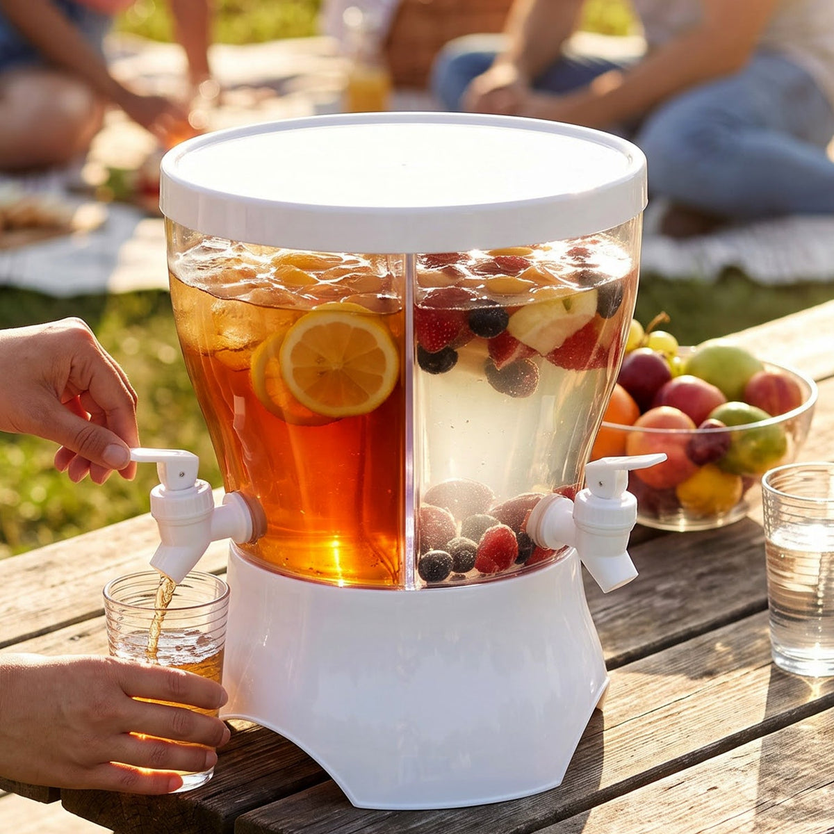 A person dispenses iced tea from a clear plastic dual-compartment dispenser with white base and lid, filled with – view 3
