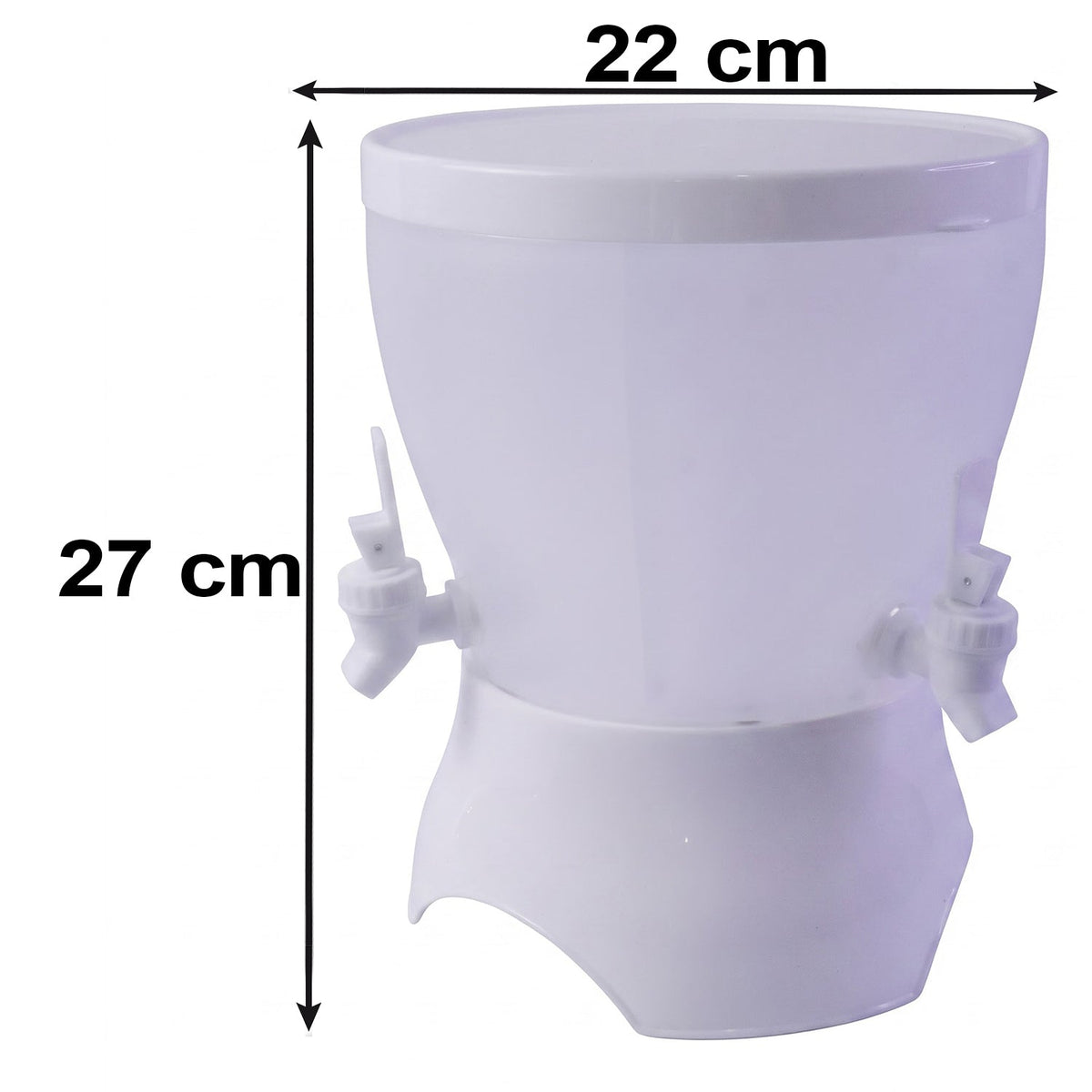 A translucent white plastic dual-compartment beverage dispenser with two white taps and a matching lid is shown with