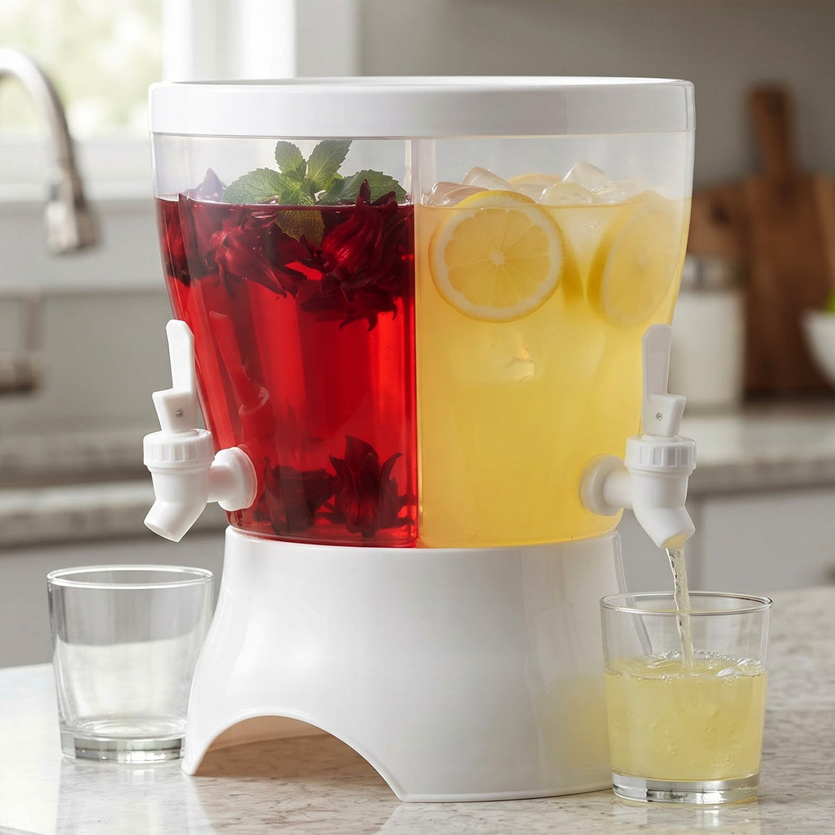 A clear plastic dual-compartment dispenser with a white base and two taps, filled with red and yellow beverages, sits on a