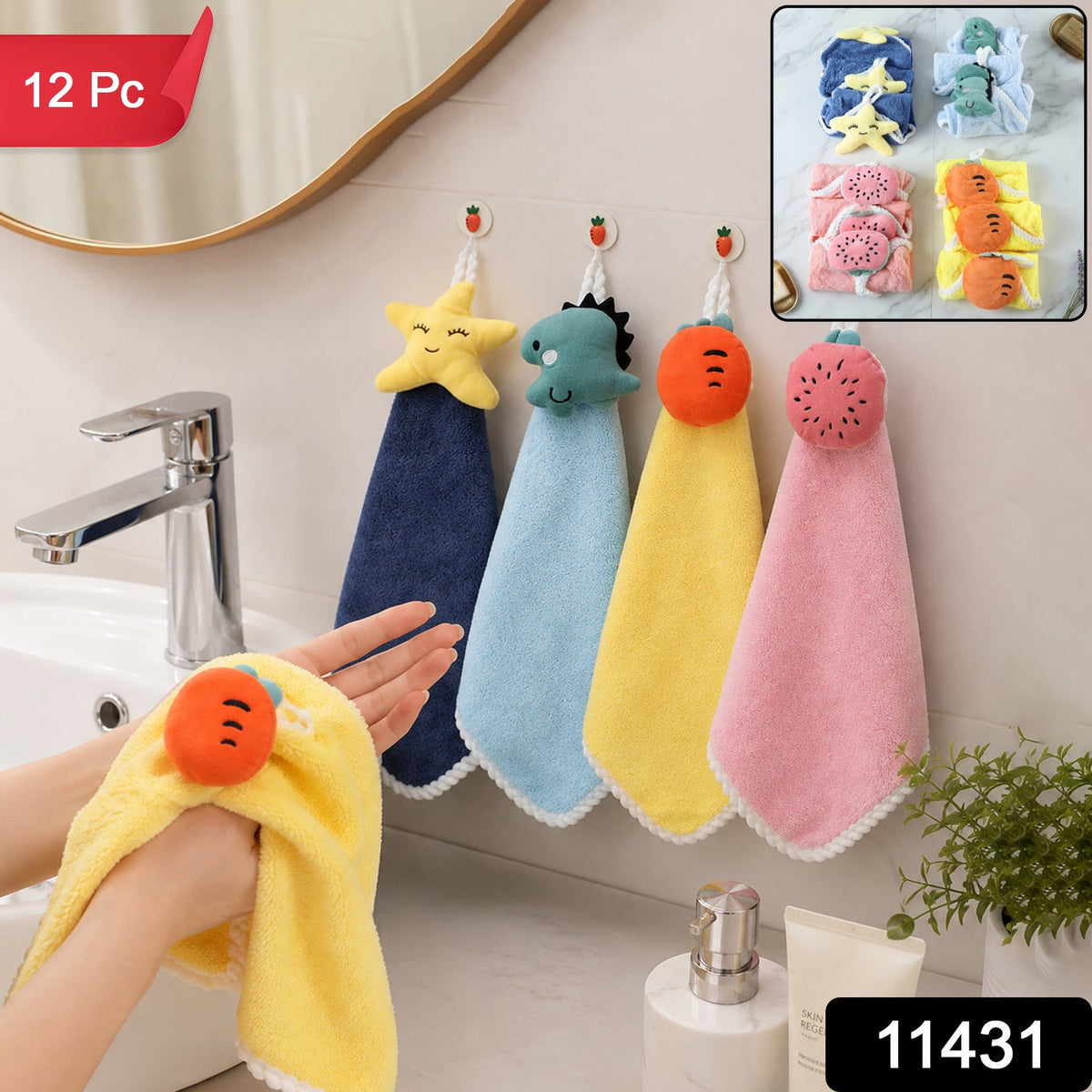 A person drying hands with a yellow carrot-shaped towel, with three other colorful animal-shaped towels hanging on – view 2