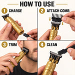 Four step-by-step instructions show charging, attaching a comb, trimming a beard, and cleaning a gold dragon-patterned hair