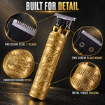 A gold hair trimmer with embossed dragon detail is highlighted with close-ups of its precision steel T-blade and two-screw