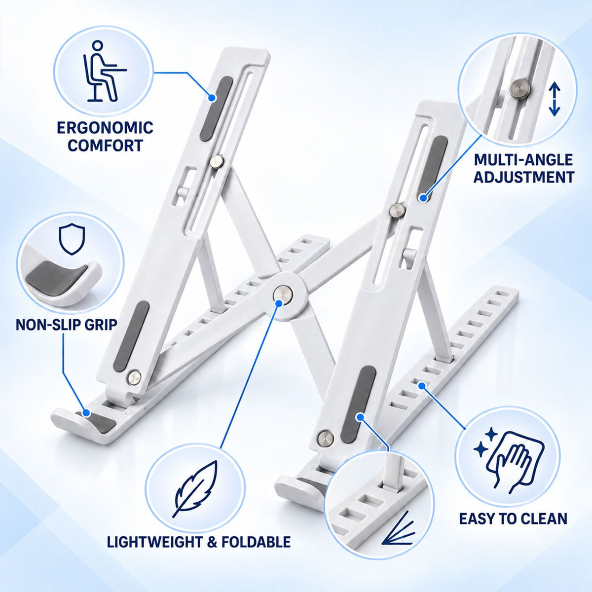 White adjustable laptop stand with dark gray non-slip grips, displayed with various feature callouts.