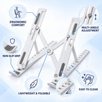 White adjustable laptop stand with dark gray non-slip grips, displayed with various feature callouts.