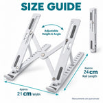White adjustable laptop stand with dark gray accents, shown with approximate width and rail length measurements.