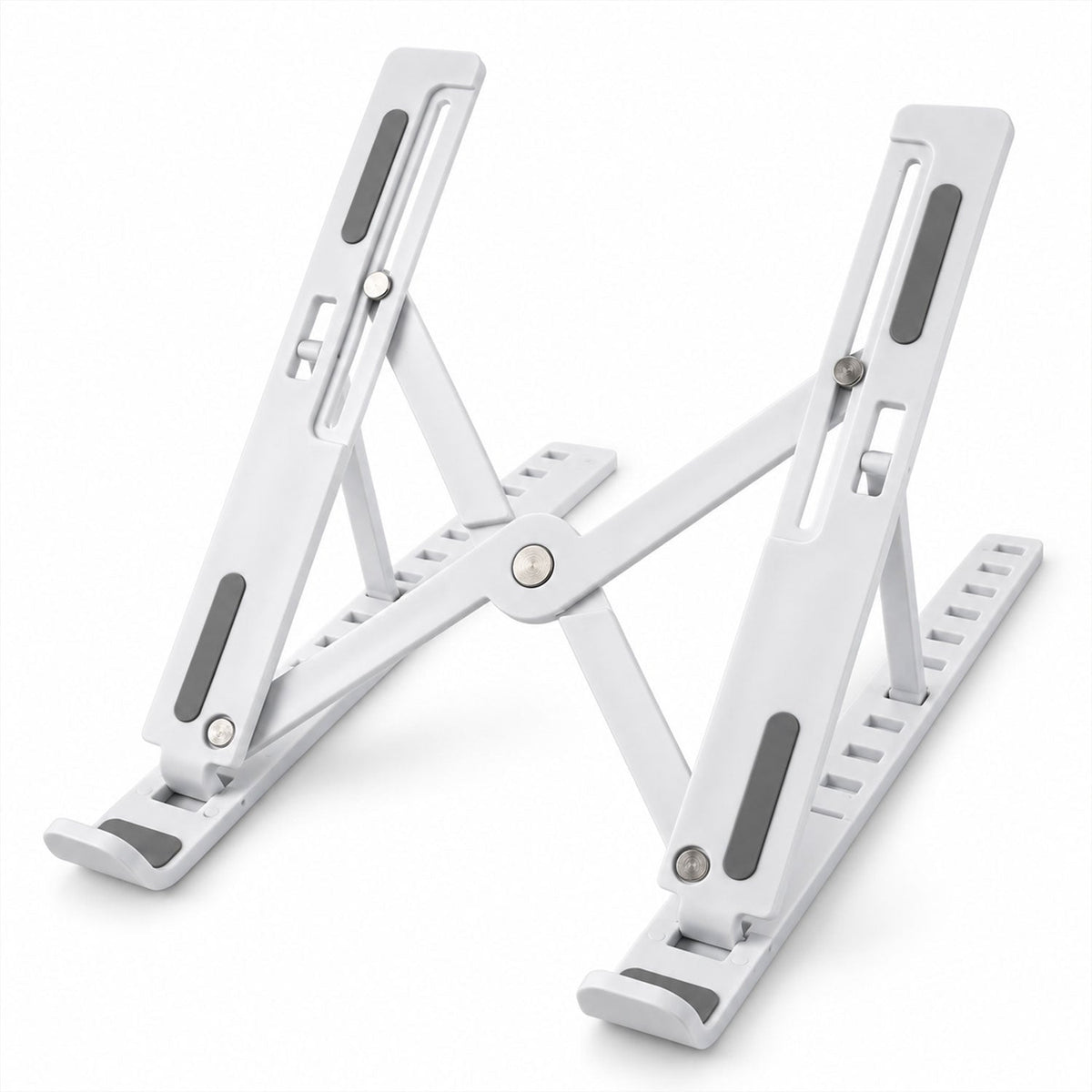 White laptop stand with dark gray pads, angled to show its adjustable design and sturdy construction.