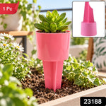 A pink plastic cup holder with a succulent plant, staked in garden soil, with a red 1 Pc label and a 23188 label.