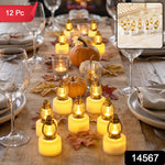 Twelve miniature golden lantern LED candles glow on a burlap table runner, surrounded by fall decorations and dinnerware.